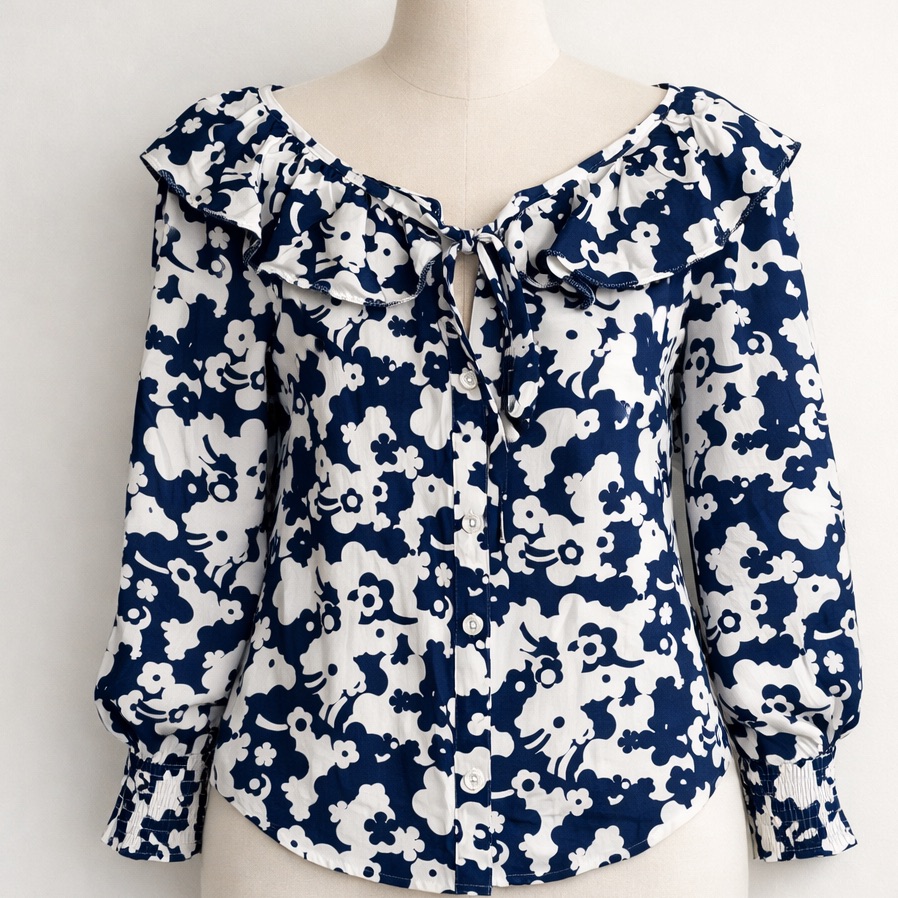 New Marc Jacobs Blue | White Ruffle Tie Neck Cotton Blouse Size 4 Retail $375